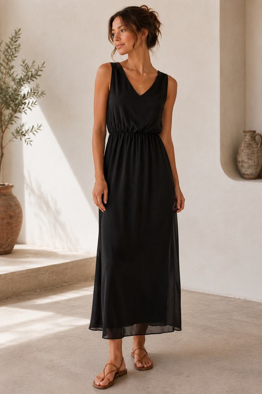 Malloy Black Sleeveless Chiffon Maxi Dress Keyhole Back Small